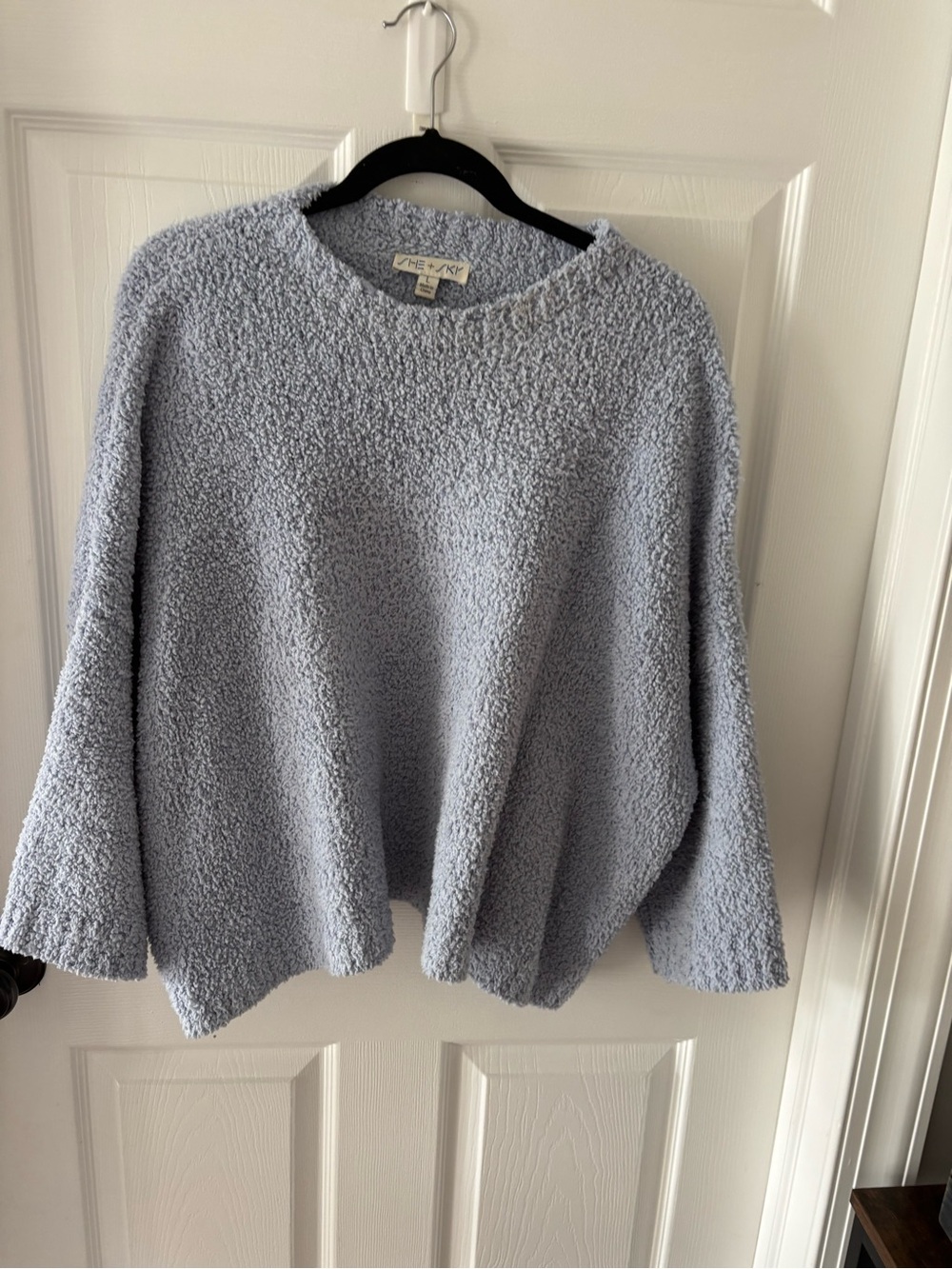 She + Sky Light Blue Bouclé Crewneck Sweater